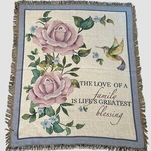 Hummingbird Floral Woven Tapestry Throw Blanket Family Blessing Fringe 64 x 51